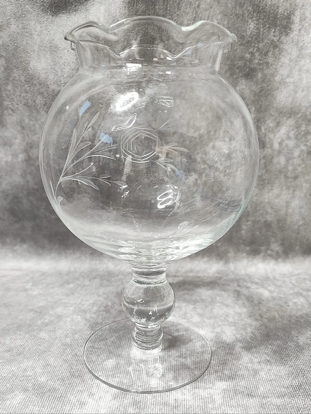 Rose Bowl Etched Cut Glass Ruffled Edge Pedestal Flower Compote Vintage - Picture 2 of 4